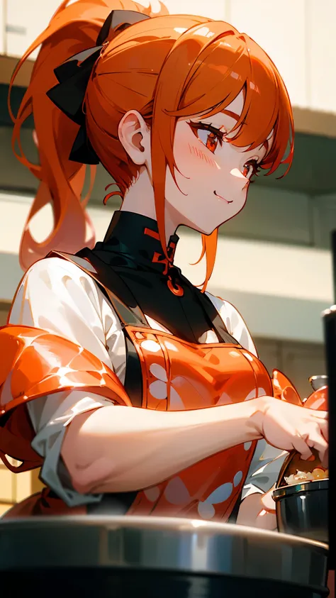  1 girl、8k、 sharp focus 、(Bokeh) ( top quality) ( detailed skin:1.3) ( Intricate Details) (anime)、Cute shrimp woman cooking delicious food in the kitchen、 orange hair、 ponytail、Beautiful red eyes、smile、Fun、profile、 upper body close-up 