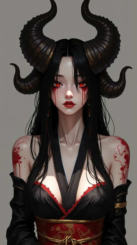 A girl with long loose black hair, crimson red eyes. Deep red lipstick, red eye shadow , portrait, very big breasts, black demon horns, with geisha clothes , big breasts, (arms behind back),
