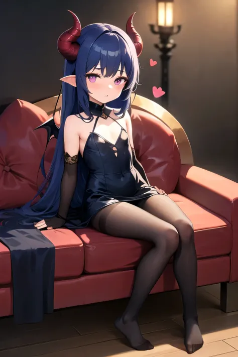 ((best quality)), ((masterpiece)), (detailed), 1 girl, loli, petite, short girl, succubus, dark blue hair, long hair, straight hair, pink eyes, heart eyes, flat chest, enchanting legs, dark succubus wings, dark succubus tail, half curved horns, dark gown, ...