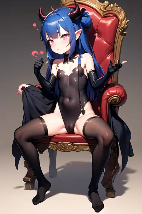 ((best quality)), ((masterpiece)), (detailed), 1 girl, loli, petite, short girl, succubus, dark blue hair, long hair, straight hair, pink eyes, heart eyes, flat chest, enchanting legs, dark succubus wings, dark succubus tail, half curved horns, dark gown, ...