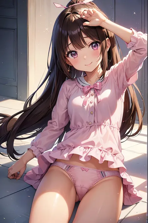 Takane Manaka、   long shiny brown hair、  ribbon ponytail、  beautiful brown eyes 、smile、  Sparkling Eyes  , (fine grain)、  extremely detailed eyes、  very detailed face ,   extremely detailed eyes,  マスターpiece ,   top quality,   is high definition , (  top qu...