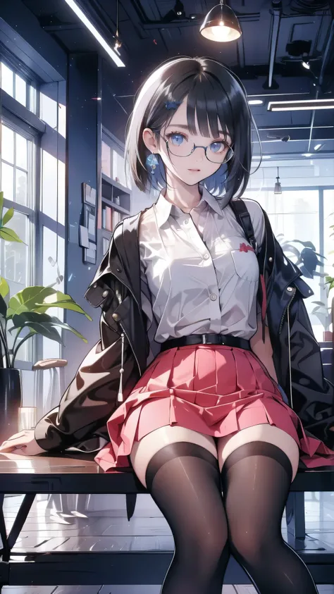 an anime girl with Glasses and a  skirt sits on ground and poses,  1 female , alone,  skirt,  have ,  shirt, white  shirt,  stockings,  red eyes, Glasses,  black hair , shoe, red  skirt, Check Pattern Skirt, audience, Cardigan, 檢查圖案, collared  shirt, ,   L...