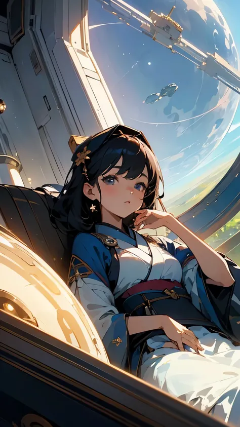 (Small personal space station ;1.2)、( The space station is an oasis in outer space )、、( A young and beautiful Japanese woman relaxing in an oasis:1.2)、 beautiful face、small breasts、 beautiful skin 、( you can see space from a window )、 top quality、 high im...