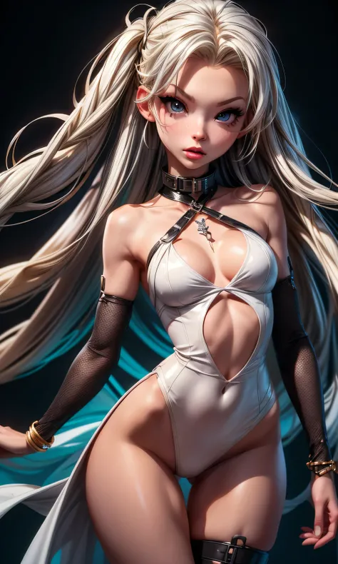  masterpiece, 1 girl, Barbie Sins , slim, beautiful,  full body ,  long hair ,  wavy hair, rubio, blue eyes, standing,  small tits ,  nice legs,  slim body,  white skin , Leg-length full dress, silver watch , diamond collar,  black background , sexy,