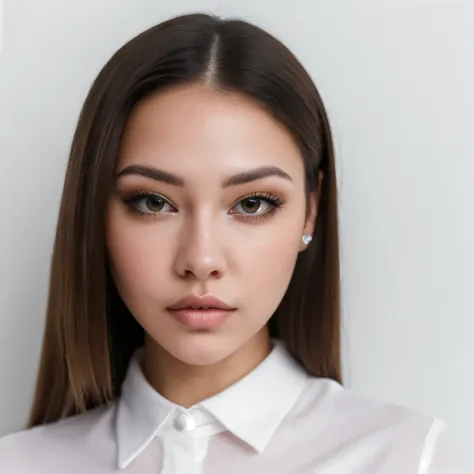 masterpiece, best quality, young woman ohwxmc, in white shirt, portrait, looking at viewer, simple background, big bimbo lips,