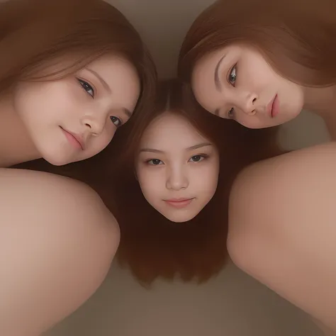 (Three girls are bending down and looking down from both side: 1.2), (take a shot closing up from (below their faces): 1.5)