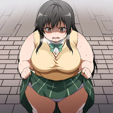 score_9, score_8_up, score_7_up, source_anime, yui kotegawa, black hair, brown eyes, long hair, large breasts, disgust, lifting own clothes, shaded face, looking down, glaring, clothes lift, skirt lift, teeth,, panties, skirt, dress, outdoors, street,, cow...