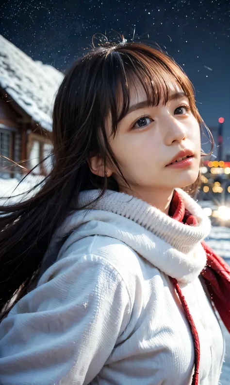 ( staring at something、Diamond dust flutters、Cream-colored hair、 Heavy snowfall area 、 snow is falling 、 blue eyes、 blue eyes、white winter clothes 、 watching the night sky in frigid regions 、Im wearing a fluffy red scarf、 her breath is white expressi...