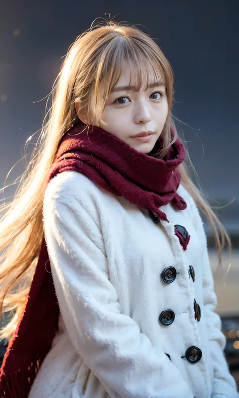 (   staring at something、Diamond dust flutters、Cream-colored hair、 Heavy snowfall area  、 snow is falling 、  blue eyes、  blue eyes、white winter clothes  、 watching the night sky in frigid regions 、Im wearing a fluffy red scarf、 her breath is white expressi...