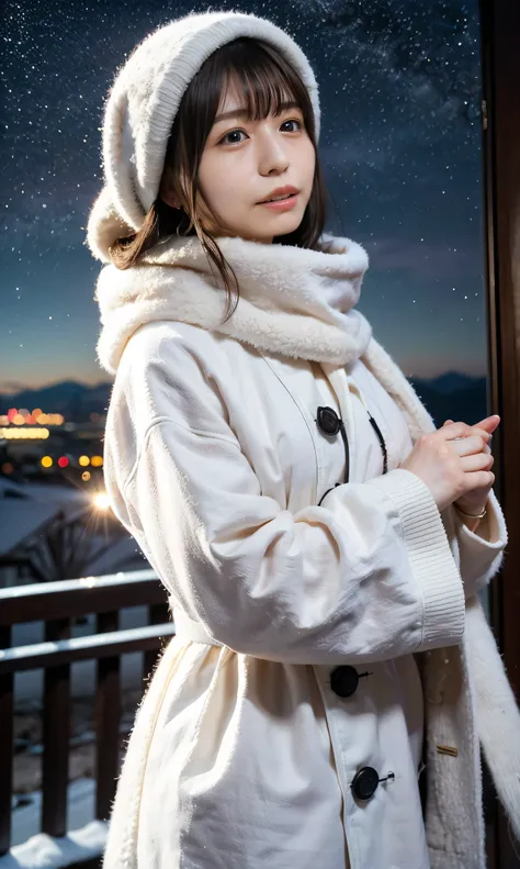 ( staring at something、Diamond dust flutters、Cream-colored hair、 Heavy snowfall area 、 snow is falling 、 blue eyes、 blue eyes、white winter clothes 、 watching the night sky in frigid regions 、Im wearing a fluffy red scarf、 her breath is white expressi...