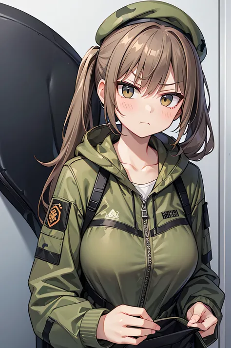  light brown hair 　 side ponytail 　 camouflage suit　Beret　A rugged and mean expression　 office