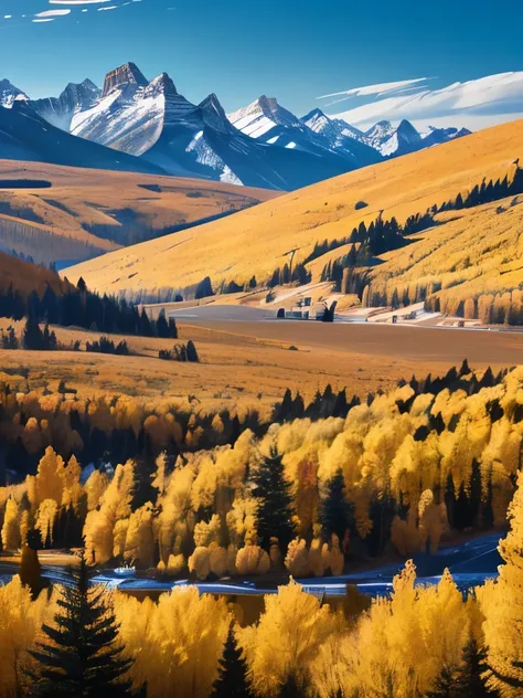 mountains in the distance with yellow trees in the foreground, a portrait by Joe Stefanelli, flickr, les nabis, wyoming, aspen grove in the background, autumn mountains, wind river valley, spectacular rocky mountains, rocky mountains, fall colors, scenic m...