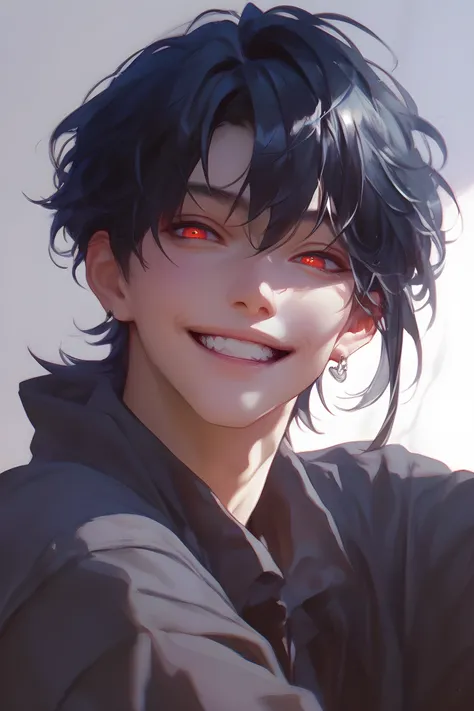 Best Quality,  very detailed, One boy, black hair, red eyes, friendly smile 