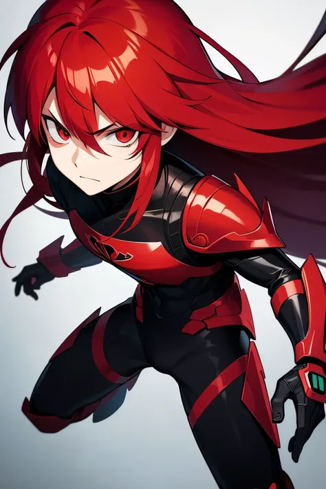 Cartoon teen boy with long red hair and with Red eyes. Evil black and red dark futuristic armor. Serious face