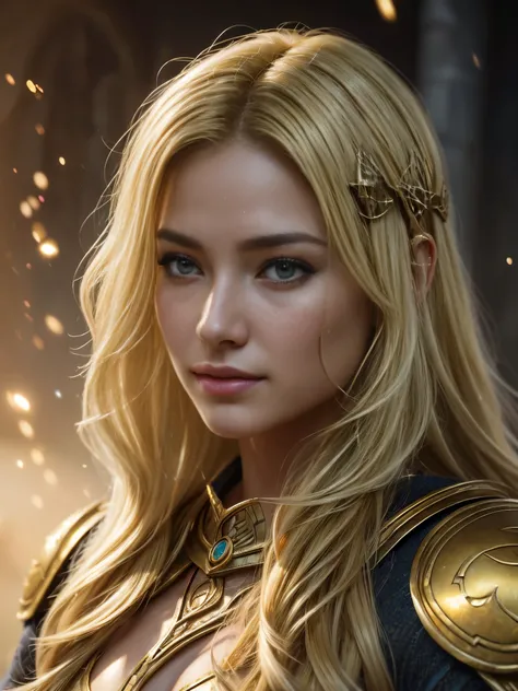 close-up head, facing camera, realistic digital painting portrait of a female human, 3r1nm0r1art72, cute smile, (wavy hair:1.1), (blonde hair:1.3), magical yellow universe, white magic cloth armour with yellow engrave in intricate details, (abstract, backg...