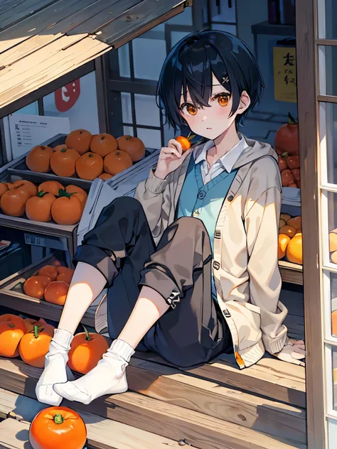 maleの子　 short hair under the eaves of the store　 (((male)))　pants　 cardigan　Tangerinesの木　Tangerinesの木の下で本を読む　socks　 sneakers　Clear winter　Tangerines