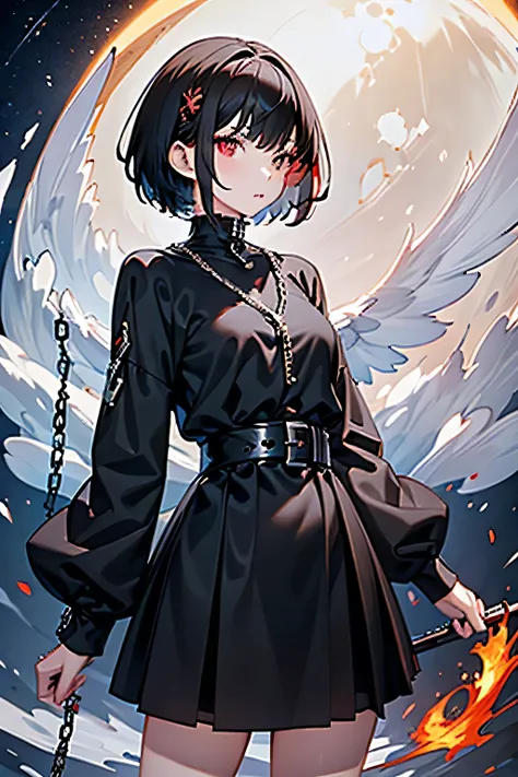 Black short hair,Red Eyes,Detailed facial features,1 Girl,beautiful girl,teenager,White_skin， with a rusted black iron sword，One hand holds a chain ，Bizarre