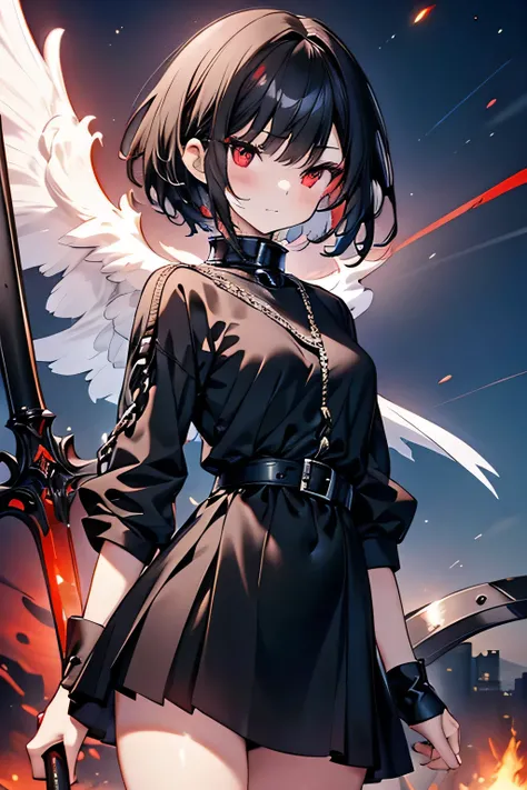 Black short hair,Red Eyes,Detailed facial features,1 Girl,beautiful girl,teenager,White_skin， with a rusted black iron sword，One hand holds a chain ，Bizarre