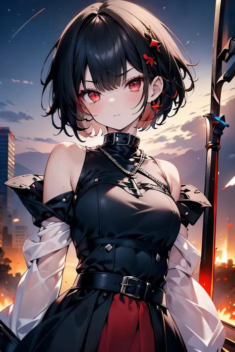 Black short hair,Red Eyes,Detailed facial features,1 Girl,beautiful girl,teenager,White_skin， with a rusted black iron sword，One hand holds a chain ，Bizarre