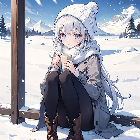  1 girl、 Silver Hair、 blue eyes 、Freezing、Snow is falling、The tips of the hair freeze、Wear a knitted hat、Wear a scarf、Put on your coat、Put on your boots、In the snowy mountains