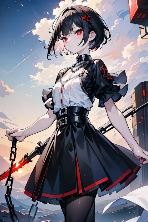 Black short hair,Red Eyes,Detailed facial features,1 Girl,beautiful girl,teenager,White_skin， with a rusted black iron sword，One hand holds a chain ，Bizarre，Different actions