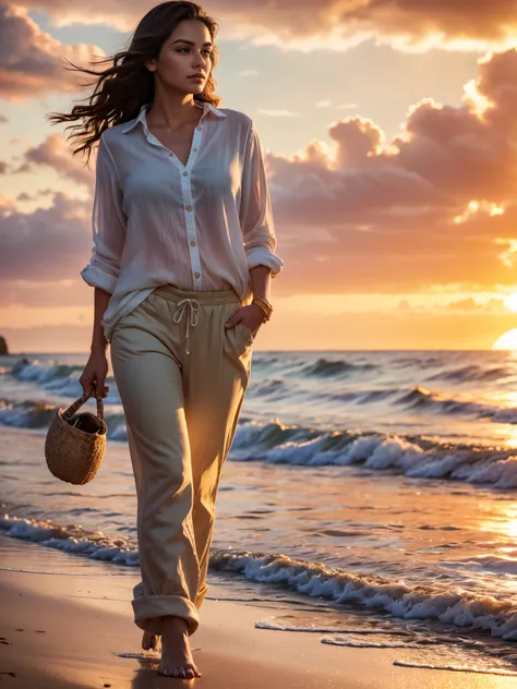 a woman walking along the beach, rolled up pants, wet feet, light blouse, beautiful detailed eyes, beautiful detailed lips, extremely detailed face, long eyelashes, ocean waves, sunset sky, golden hour lighting, vibrant colors, cinematic composition, seren...