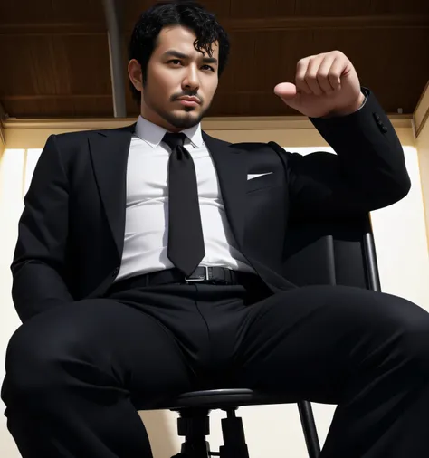 35-year-old male、 black suit、 black slim pants、mafia、Vacant lot、stand chair、カッコイイ battle pose、  have bulging crotches ,Gay , Short hair perm、 stubble,　The face of an intelligent Japanese person、Shockers Svelt。　 battle pose　 upper body up 　　 black suitのmafi...