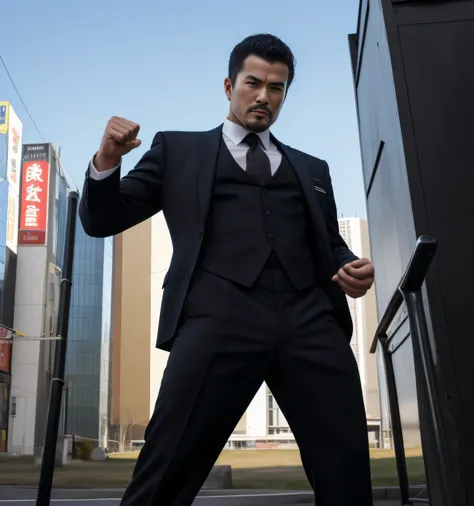 35-year-old male、 black suit、 black slim pants、mafia、Vacant lot、stand chair、カッコイイ battle pose、  have bulging crotches ,Gay , Short hair perm、 stubble,　The face of an intelligent Japanese person、Shockers Svelt。　 battle pose　 upper body up 　　 black suitのmafi...