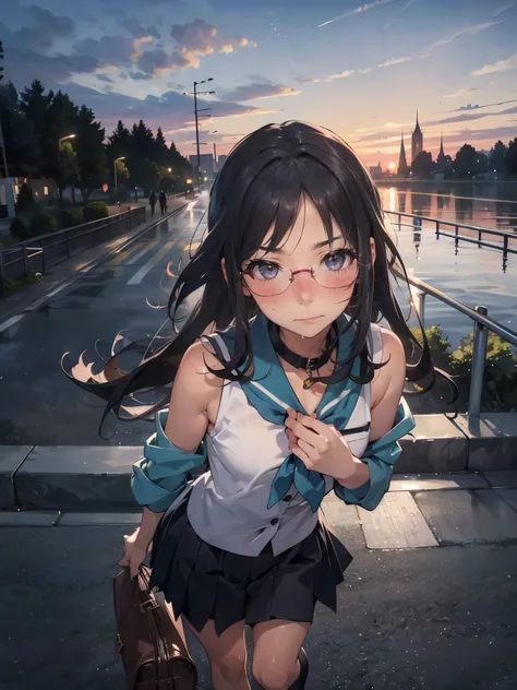 Anime - Illustration of a woman in high school clothes, sleeveless shirt:1.5, anime character, official character art, neat and serious, full body, female anime girl, Posing:1.5, dark long hair, parted bangs, glasses, (Tanned:1.0), Looking at camera, (Emba...