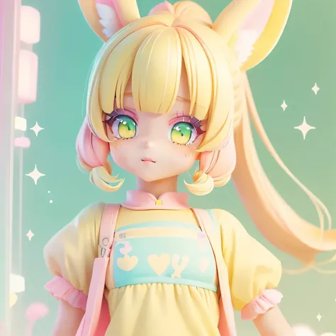 (Blonde, ponytail, Blunt bangs, green Eyes, Yellow eyelashes, Beautiful Girls in Anime, Clean small surfaces, 1 cute girl, Adult Gal、improve, 23 years old, tchibi, Cuteテック, Cute, cute,  pastel colors,  top quality, happy rabbit ears,  pink hair, Pink Eye)