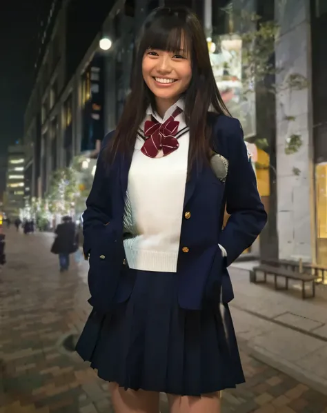  super detailed, top quality,One high school girl,Shibuya at night,Standing on an illuminated road, looking here, wearing a blazer uniform, Pleated Miniskirt , posing for a photo 