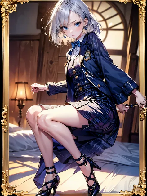 
(1girl, masterpiece:1.5),(full body, best quality, highest quality, Highest Resolution, ,Detailed depiction,Detailed Images:1.3),4K,Beautiful woman, (stockings、high heels）、Detailed depiction of faces、small earrings、necklace、(Navy blue military jacket、shir...