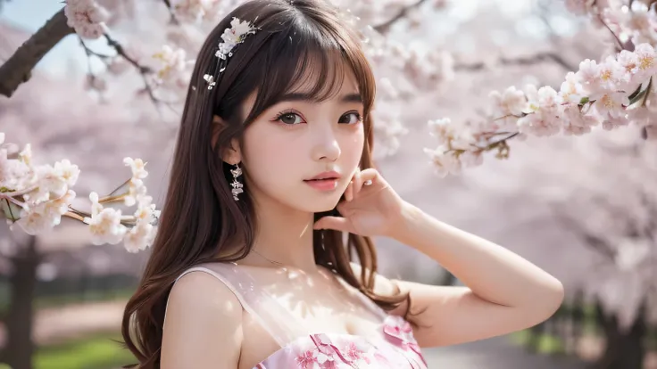 ((8k,  top quality,   Masterpiece ,  super high resolution,  Ultra Details:1.2) ,  pictures of cute Japanese girls 
, (18 years old:1.1),  Japanese idol、cherry blossoms、Transparent dress