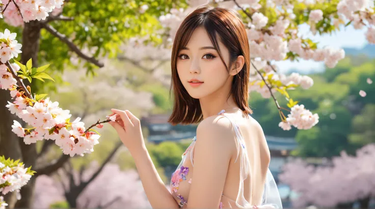 a 23 y.o Japanese ,reality, Japanese idol、cherry blossoms,(from side:0.8), looking at camera, smaller,Transparent dress, detailed background,Flowering, high definition, super detailed, vibrant,Three-dimensional shadows .,(Very clear face, very cute , very ...