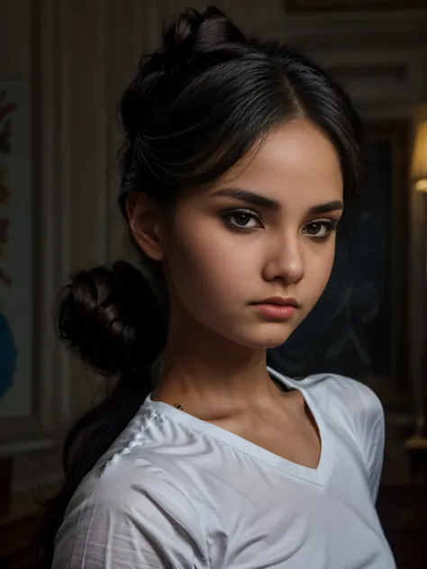 Brown-black hair, black eyes, fair skin, goose egg face, atmospheric facial features, tall, confident and powerful, toned and plump, high school girls, school uniform, coiled hair, hair bun, with hairpin, red rose, blue butterfly, white rabbit, billboard, ...