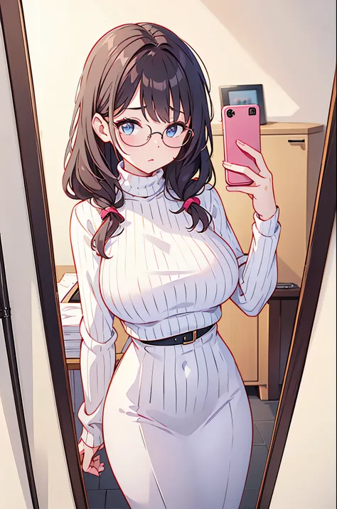 1girl, pofile picture, mirror  selfie, big breast , white background, hd, epic, 4k, whiteturtleneck crop arm sweater, glasses, milf