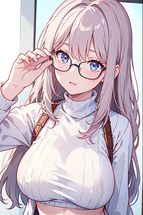 1girl, pofile picture, mirror  selfie, big breast , white background, hd, epic, 4k, whiteturtleneck crop arm sweater, glasses, milf