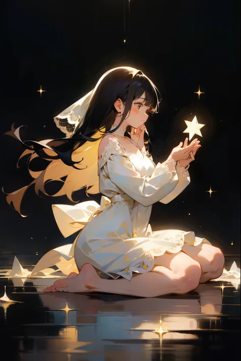  one woman、 One Woman , No Emotion、Fantastic look, masterpiece,  top quality,  high definition ,, One Woman の子, Praying pose、prayer、prayerの女の子、Alone,  black hair,   long hair , barefoot、Barefoot、 dont wear shoes 、 white dress、 long sleeve dress、 lace dress...