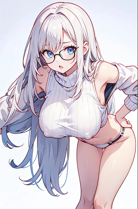 1girl, pofile picture,  , big breast , white background, hd, epic, 4k, whiteturtleneck crop armpit sweater, glasses, milf, bent over 