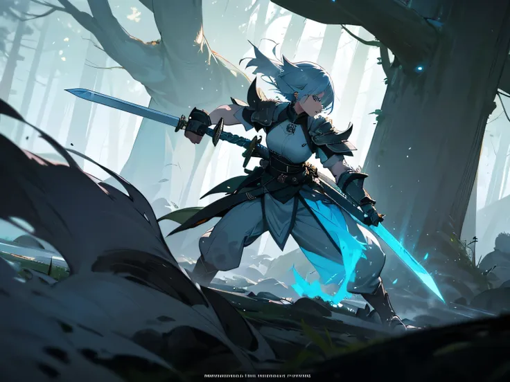 " Generates an epic image in a forest where a girl of approximately  with short white hair is courageously fighting .  The girl must be represented in dynamic poses and intense action , Turning with his sword,  or blocking an attack with a firm stance . He...