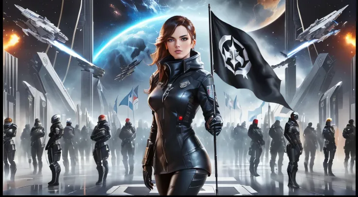 a woman in a black leather outfit holding a flag in front of a group of people, eve online movie still, spy s juni cortez, mass effect fantasy, space opera and dystopian style, artgerm jsc, feminism in the 24th century, an imperial agent from star wars, mo...