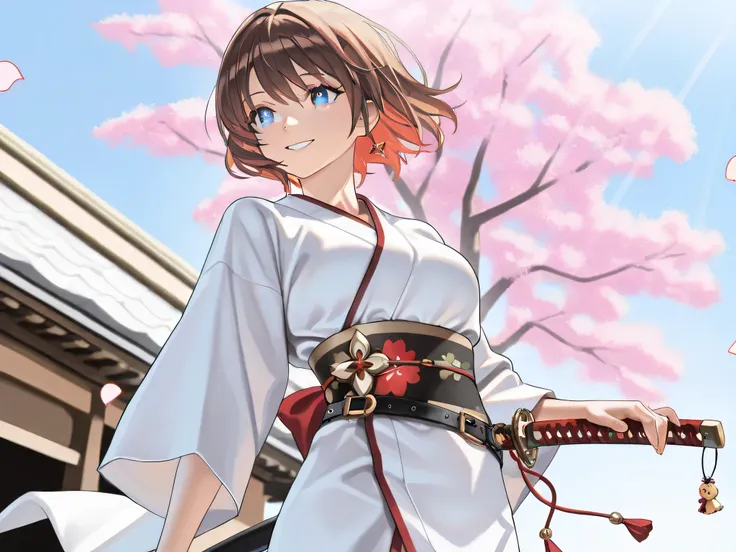 (masterpiece, high detail, photorealistic:1.2), (vibrant colors:1.1), (sidelights, sparkling blue eyes, warm smile, captivating charm), A beautiful anime-style Japanese swordswoman in a traditional outfit. She has short brown hair, styled neatly to frame h...