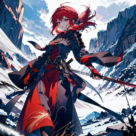 ((A female warrior wearing a long, female werwolf, ragged red hooded cloak)), ((holding a large, ornate, red demonic-looking sword. She stands in a dark, snowy, mountainous landscape, with crags and icy winds swirling around her. her eyes glow with a super...