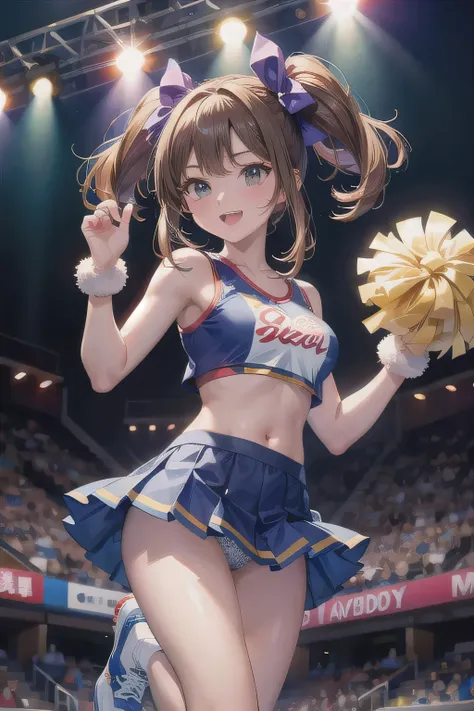 Shes wearing a cheerleader costume with a cute design, and her miniskirt and bright bow are eye-catching. She is holding blue pompoms in both hands. The background is a soccer stadium illuminated by the night sky, and the lighting creates a dramatic atmosp...