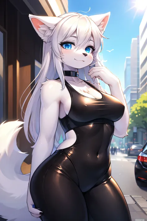 "A highly detailed and vibrant anthropomorphic female  fox furry character with silver fur and long flowing white hair. She has striking blue eyes and a confident expression. She is wearing a stylish black crop top and shiny black leather pants, showcasing...