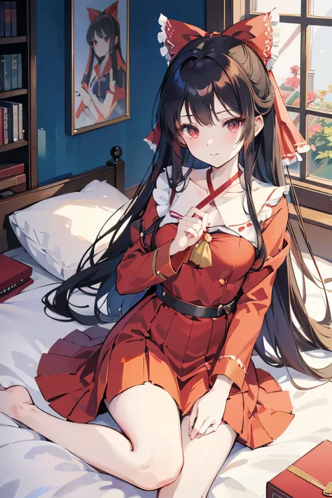 anime girl in red dress sitting on bed with a clock in background, marin kitagawa fanart, painted in anime painter studio, maya fey from ace attorney, nico robin, rin tohsaka, azur lane style, reimu hakurei, made with anime painter studio, from the azur la...