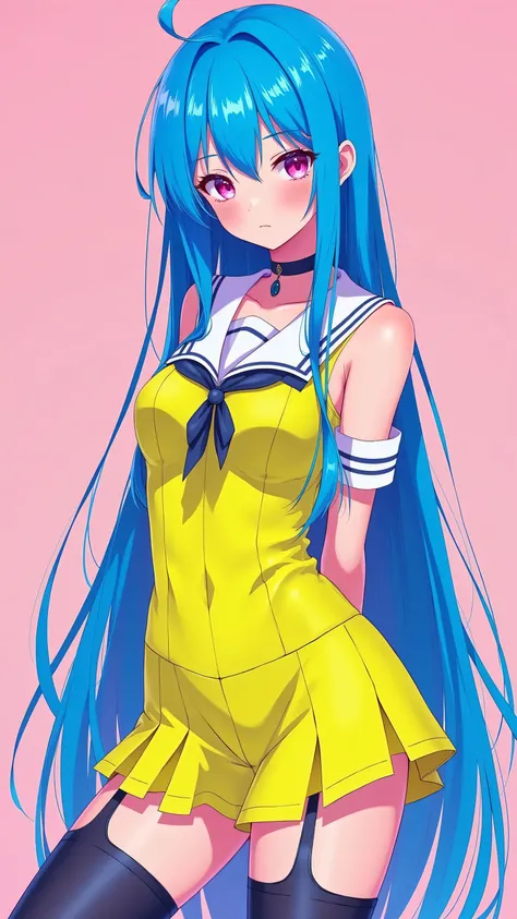 ulzzang, portrait, (anime), manga, sexy, asian high school girl with long straight neon blue hair, neon yellow sailor suit, big pink eyes, droopy eyes, (anime), manga, sexy, Latex, 8ｋ,Highest quality,masterpiece, Sharp focus, standing, thigh highs, slender...