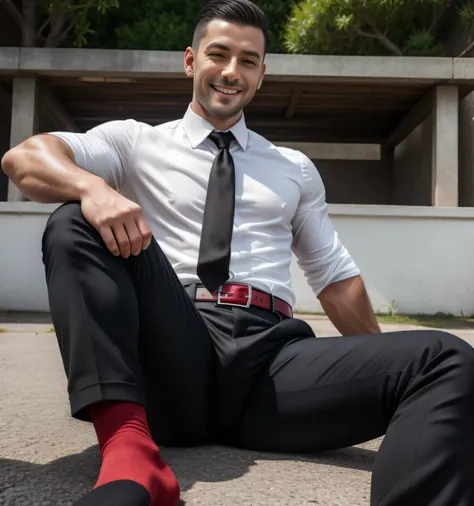 35-year-old male, Muscular、 white shirt、black tie、black slim pants、mafia、Vacant lot、  open legs wide 、 all red 、 ,Gay ,  short hair,  short hair、 Handsome Japanese,Hermes Belt。Black socks、 black slim pants　Smile　View from below