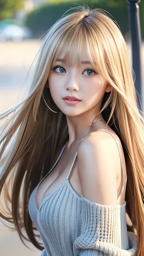 Sexy Big 、True Face、Full body、Sexy cute looks and cute  beautiful girl, beautiful and sexy face、 strong wind blows my hair in front of my face、length, Metallic blonde straight hair、beautiful,  adorable and sexy eyes hidden behind long bangs。