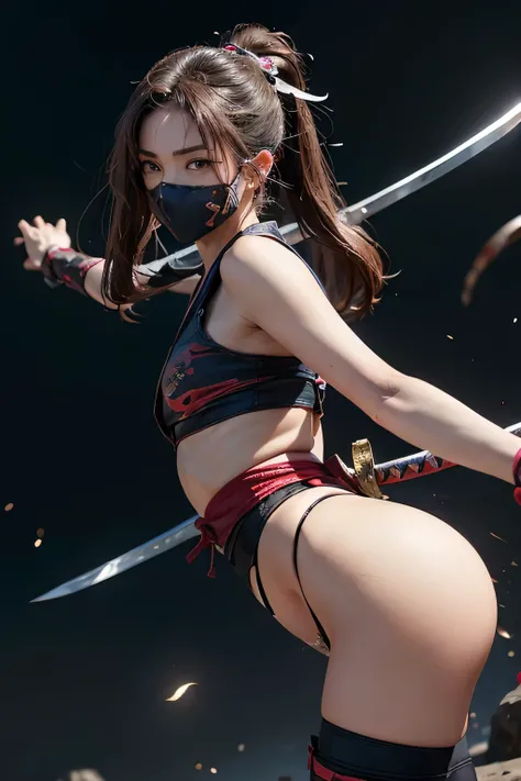 nsfw、   beautiful, beautiful, 40-year-old woman   、  (((     The woman is wearing a red shinobi costume      ))).(((     The red shinobi costume is expressed in detail )))、          Very dark colored pubic hair            、         My expression smiles bew...